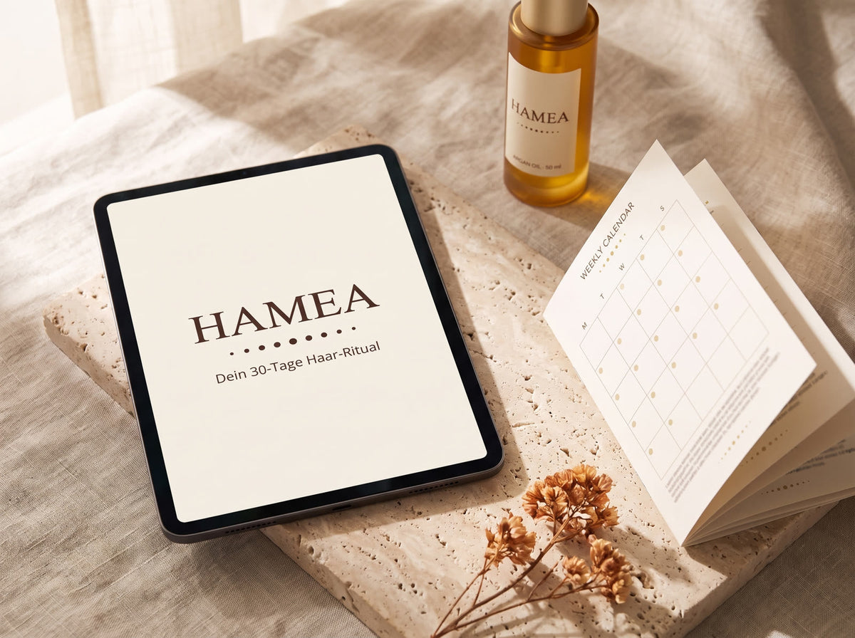 HAMEA E-Book Dein 30-Tage Haar-Ritual auf einem Tablet