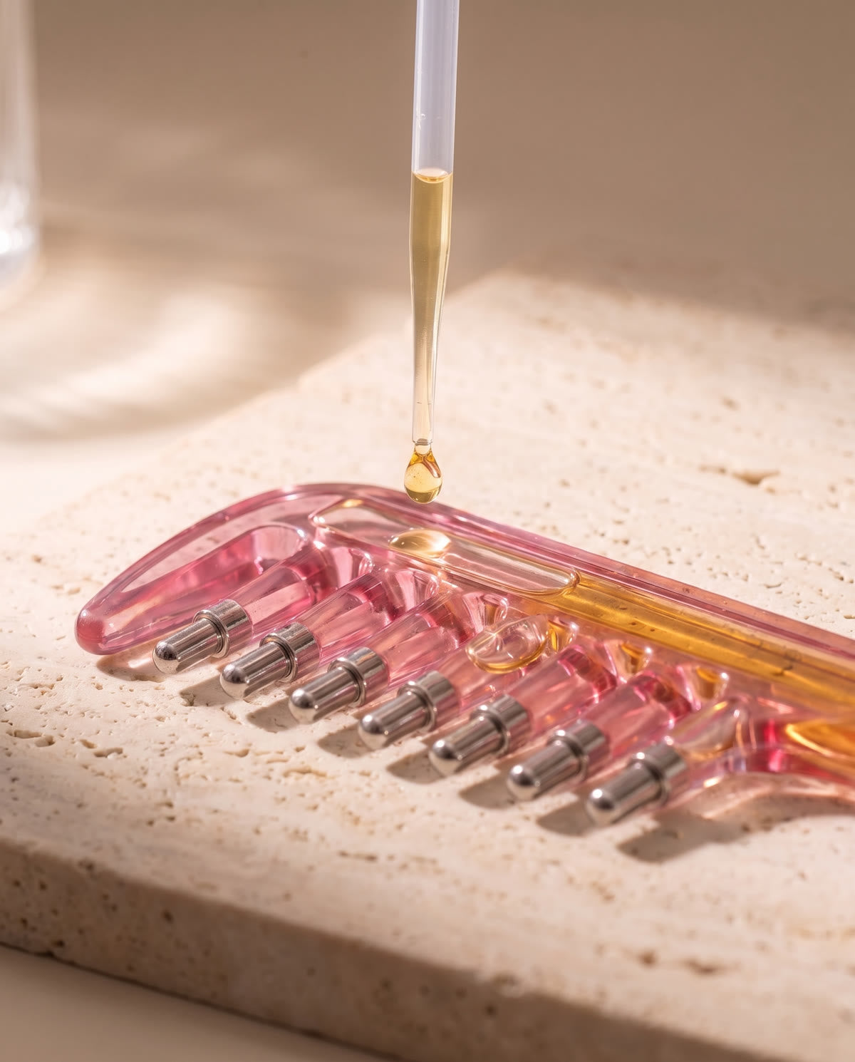 Pipettenspitze mit einem goldenen Tropfen über der Öffnung des Applicators